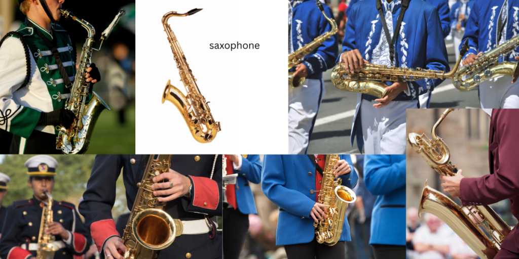 Collage of saxophone instrument pictures.